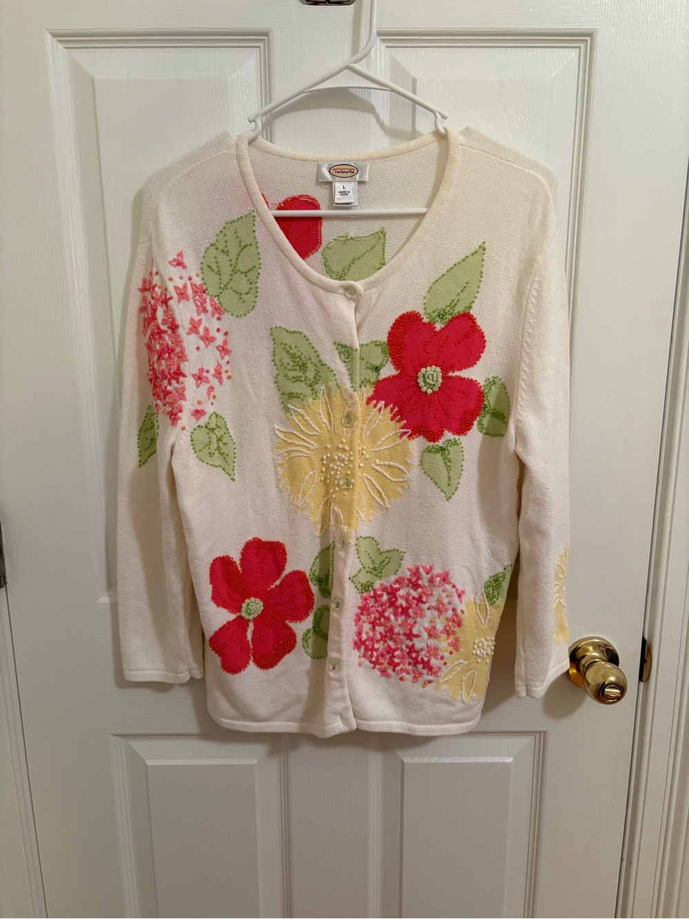 Vintage Talbots Floral Cardigan L Beaded Embroidered Applique Y2K Cottagecore